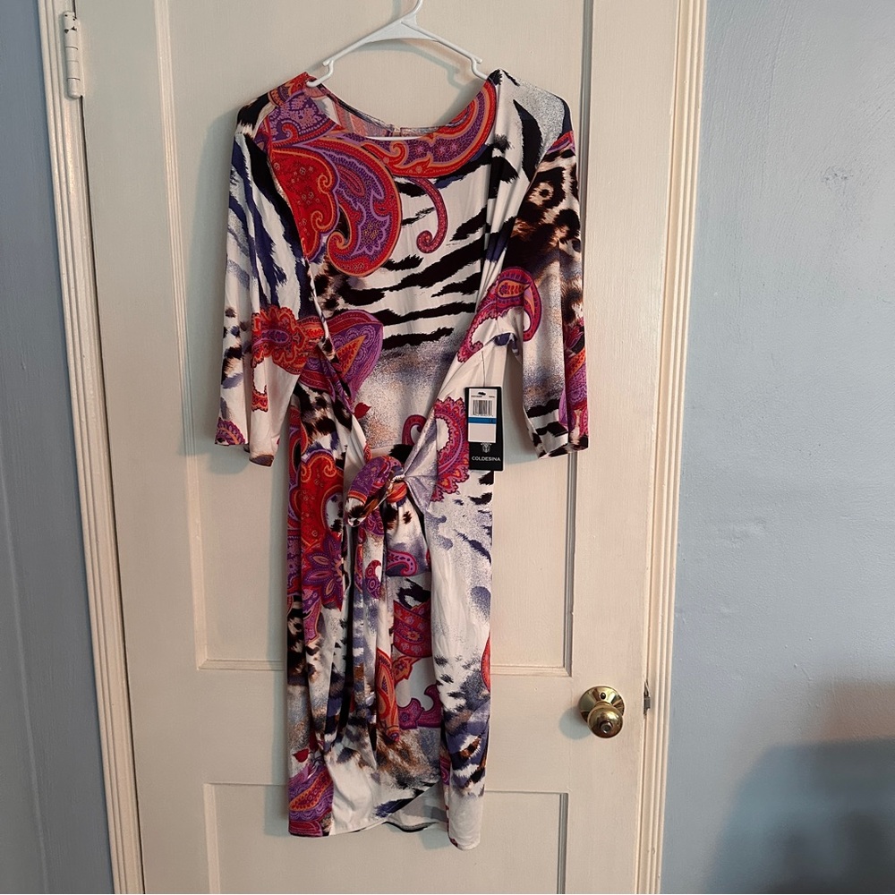 Red and Purple Asymmetrical Wrap Dress 3/4 Sleeve